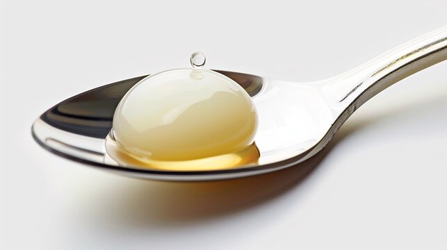 High resolution image of a single drop of coconut oil on a spoon for oil pulling isolated on a white background