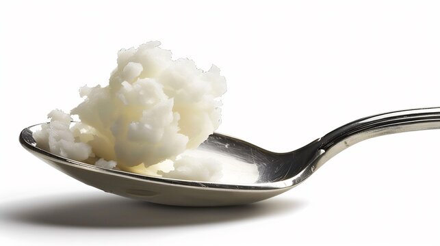 High resolution image of a single drop of coconut oil on a spoon for oil pulling isolated on a white background