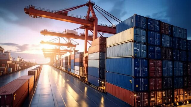 Cargo Containers stacked high, ready for global shipment at a busy shipping yard during sunrise, cranes for easy transfer