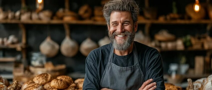 A male baker stands next to a steel counter with baskets at a bakery, his arms folded.
