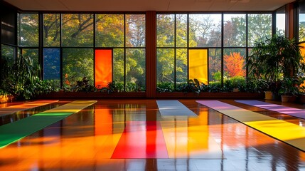 Sunlit yoga studio with colorful mats and large windows showcasing autumn foliage