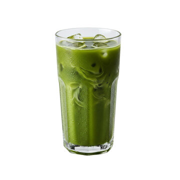 Refreshing iced matcha latte drink in glass cup with ice cubes beverage photography