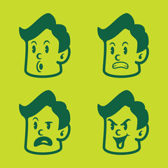 Cartoon vector of a boy with green hair showing happy, cheerful, surprised, and sad emotions. Perfect for UI icons, children’s books, stickers, and emotional character packs