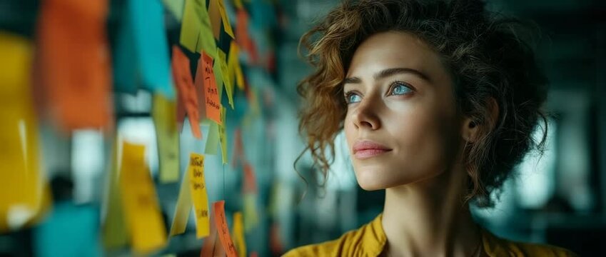 A woman holding notes, a colour wheel, and annotations is standing at the office's glass wall.