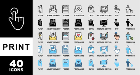 PRINT  icon set with various styles and colors of flyer, advertisement, brochure, poster, postcards, cmyk, picture editing, dtp, and prepress