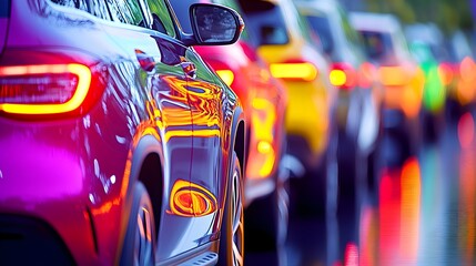 A line of colorful cars in a traffic jam, reflecting city lights at dusk or dawn