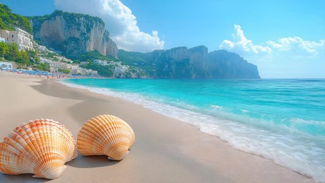Picturesque beach scene with turquoise water, cliffs, and shells