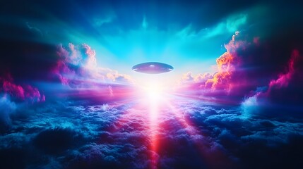 A dark, sleek UFO hovers above a vibrant, colorful cloudscape at sunset, emitting a radiant beam of light
