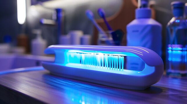 High resolution image of a UV toothbrush sanitizer in action eliminating bacteria from bristles