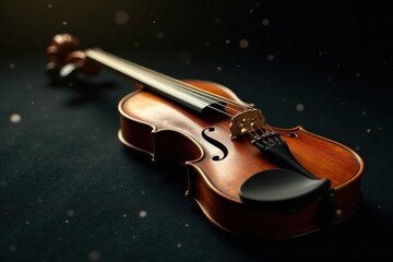 Fototapeta premium A Polished Violin Rests on a Dark Surface, Dust Motes Dancing in the Air Above