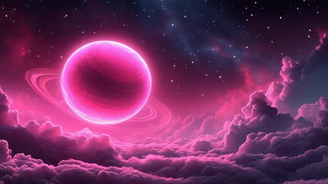 Pink nebula with glowing planet and ringed rings in space - Powered by Adobe