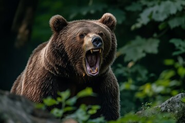 Fototapeta premium Angry wild bear roaring in dense forest with sharp teeth and intense expression