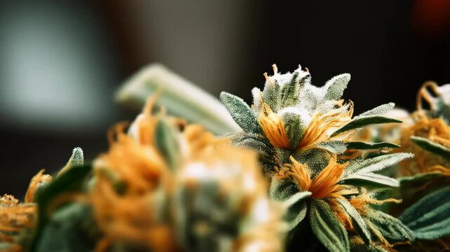 Close-up of dried cannabis flower with orange pistils and green leaves on a dark background.