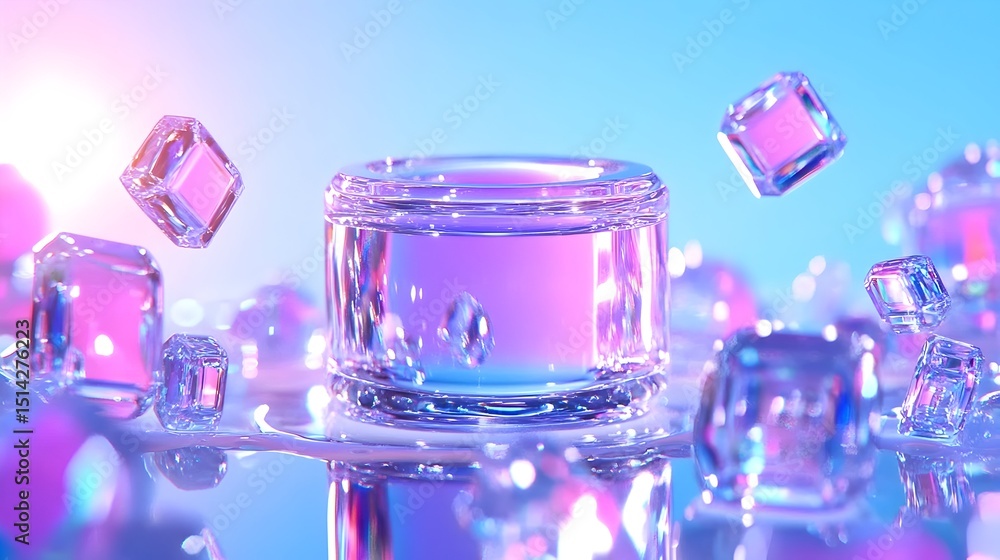 Aufkleber a transparent cylindrical container rests on a reflective surface amidst floating iridescent cubes a