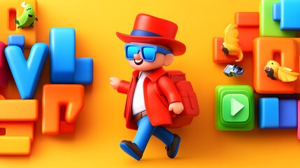 A cheerful 3D cartoon boy in a red coat and hat walks past colorful, playful, block letters and icons on a yellow background