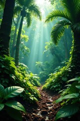 Dense jungle, giant ferns, dinosaur footprints, bone, jungle