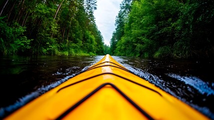 First-person view kayaking down a calm, narrow river, surrounded by lush green forest,  water gently rippling