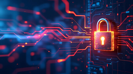 Digital cybersecurity concept illustrating data protection with illuminated padlock and circuit board