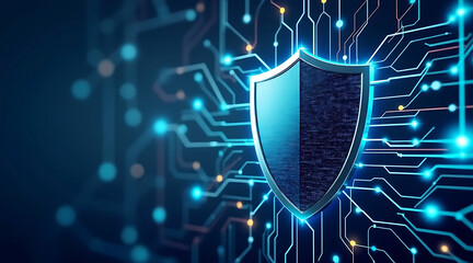 Fototapeta premium Digital cybersecurity shield symbol on a circuit board background protecting data and networks online.
