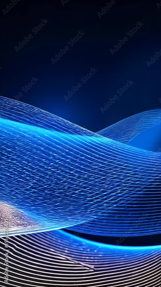 Poster luminous blue ribbons floating with a soft glow on a deep blue backdrop creating dynamic futuristic 