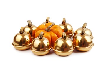 A small pumpkin surrounded by shiny golden bells on a white background in a studio shot background texture video