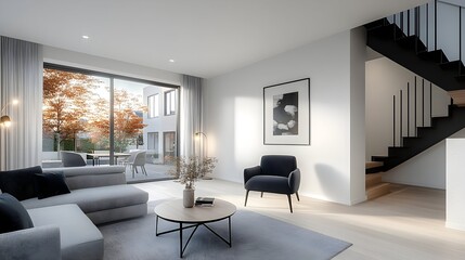 Fototapeta premium Modern living room with grey sofa, coffee table, armchair, and large window overlooking autumnal patio and modern staircase