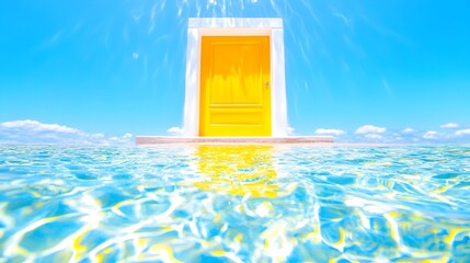 A vibrant yellow door floats on a tranquil, sunlit body of water under a bright blue sky