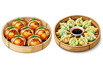 Japanese Takoyaki and Chinese Dumplings in Bamboo Steamers , PNG , isolated on transparent background