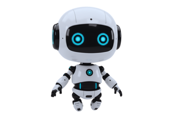 Cute White Robot with Blue Glowing Eyes on Black Background Artificial Intelligence and Robotics Future Technology and Automation Concept 3D Rendering
