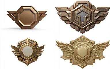 Four ornate, metallic achievement badges; two bronze, two gold, each with wings and geometric central designs; isolated on white background