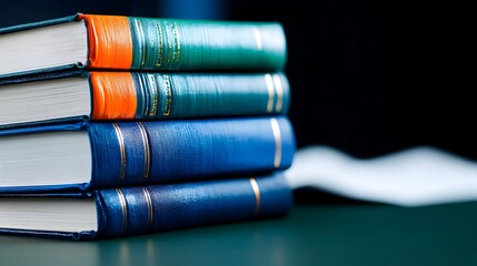 A stack of four antique hardback books with teal, blue, and orange spines rests on a dark surface, with a blurred document beside it