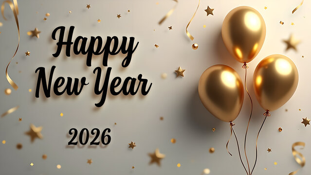 Elegant 'Happy New Year 2026' celebration with golden balloons and confetti