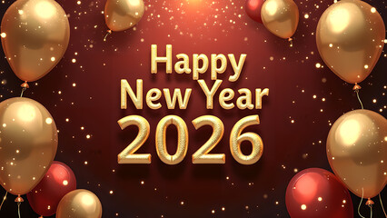 Elegant Happy New Year 2026 Celebration with Golden Balloons and Festive Atmosphere