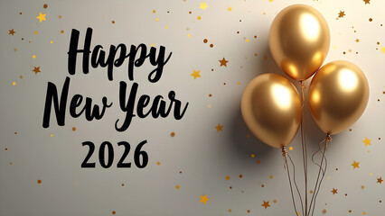 Festive Happy New Year 2026 Celebration with Golden Balloons and Confetti Stars