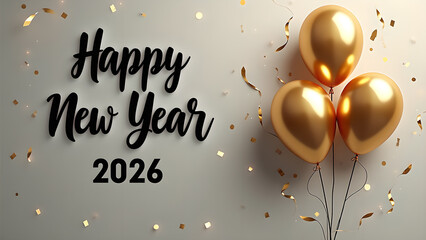 Elegant Happy New Year 2026 celebration with golden balloons and confetti backdrop