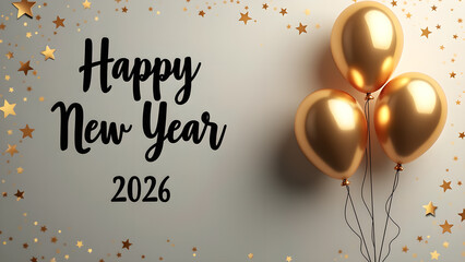 Elegant Happy New Year 2026 Celebration with Golden Balloons and Sparkling Stars