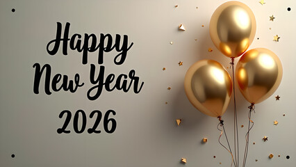 Elegant Happy New Year 2026 celebration with golden balloons and confetti elements