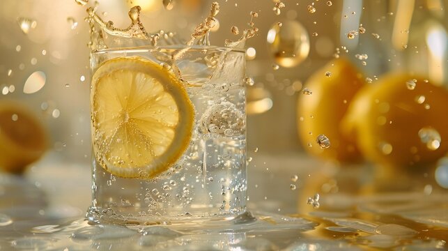 High speed capture of a lemon slice splashing into a glass of sparkling water emphasizing motion and freshness