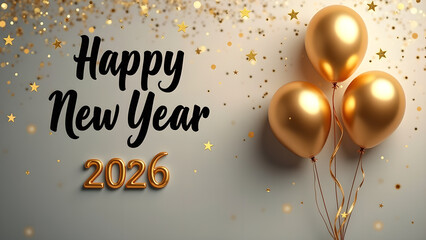 Festive Happy New Year 2026 Celebration with Golden Balloons and Confetti