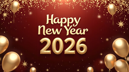 Elegant 'Happy New Year 2026' illustration with festive golden balloons and sparkles