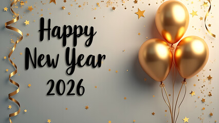 Elegant Happy New Year 2026 Celebration with Golden Balloons and Confetti Design
