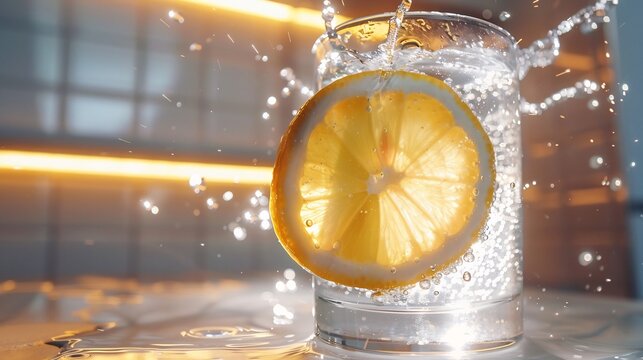 High speed capture of a lemon slice splashing into a glass of sparkling water emphasizing motion and freshness