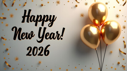 Elegant happy new year 2026 design with golden balloons and confetti background