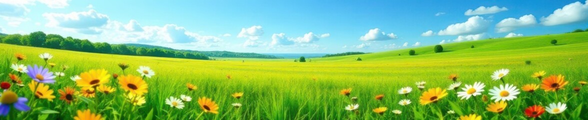 Obraz premium Expansive green field of wildflowers, clear blue sky above, outdoor, countryside, blue