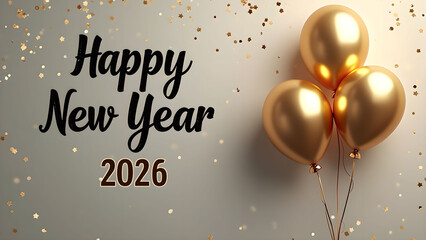 Happy New Year 2026 Celebration with Golden Balloons and Confetti Background