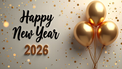 Happy New Year 2026 celebration with gold balloons and sparkling confetti background