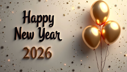 Elegant Happy New Year 2026 Celebration with Golden Balloons and Glittering Stars
