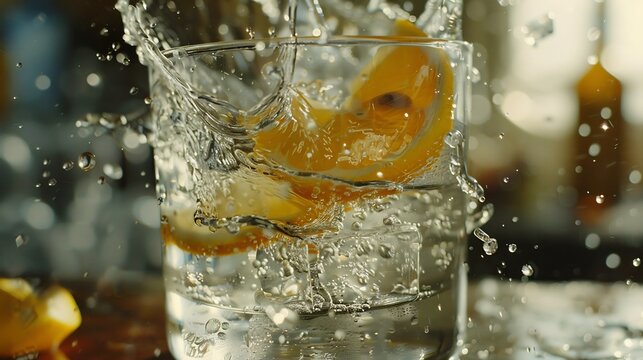 High speed capture of a lemon slice splashing into a glass of sparkling water emphasizing motion and freshness