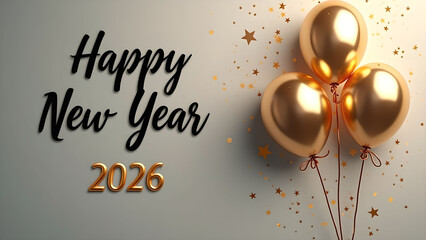Elegant Happy New Year 2026 Celebration with Golden Balloons and Starry Accents