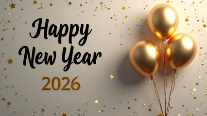 Elegant Happy New Year 2026 Celebration with Golden Balloons and Glittering Stars